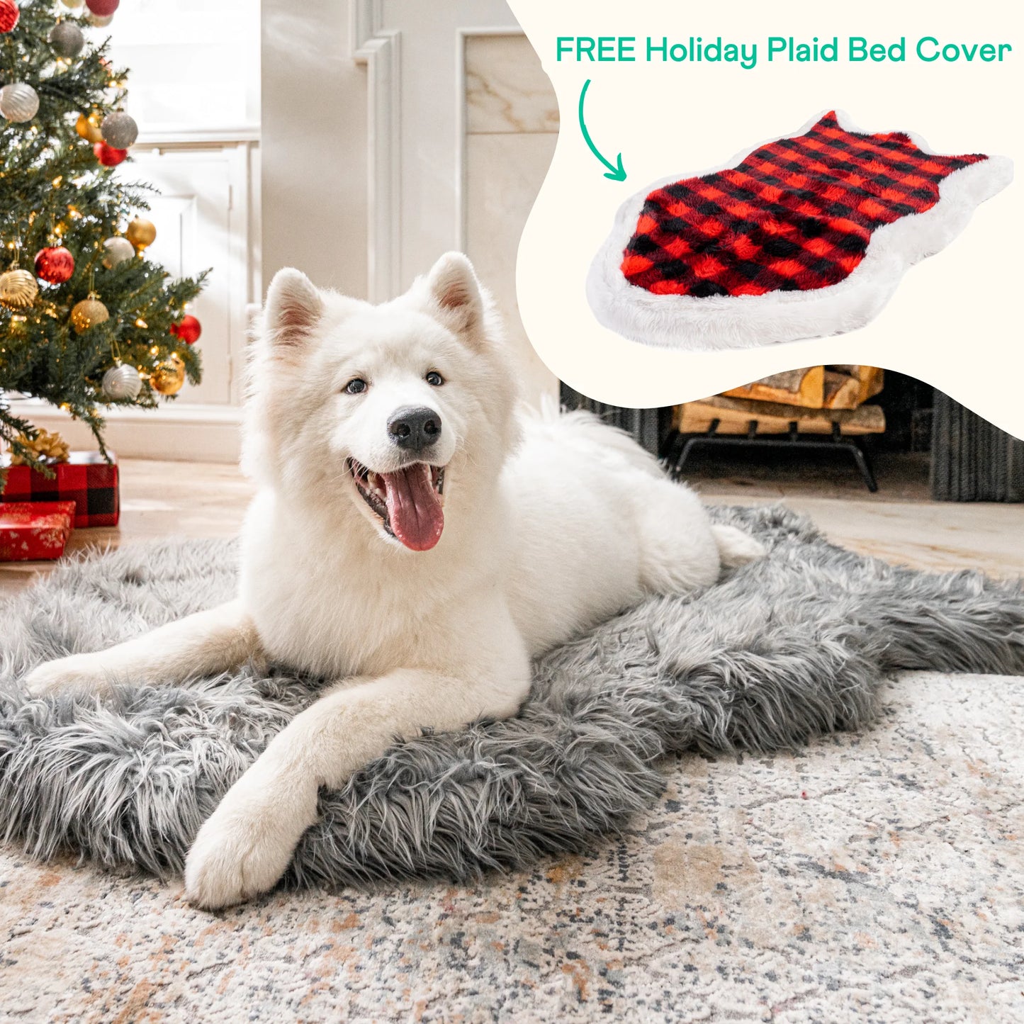 PupRug™ Faux Fur Charcoal Grey Orthopedic Dog Bed + FREE Red & Black Plaid Bed Cover