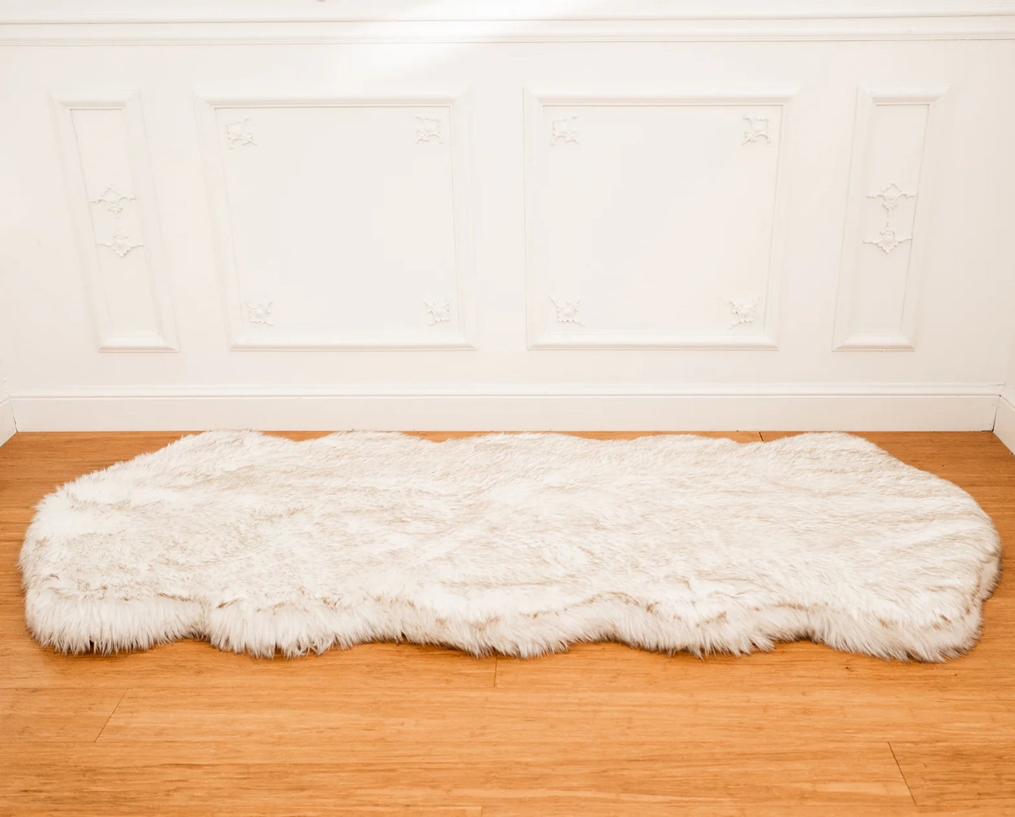 PupRug™ Runner Faux Fur Memory Foam Dog Bed Cover - Curve White with Brown Accents (Bed Not Included)
