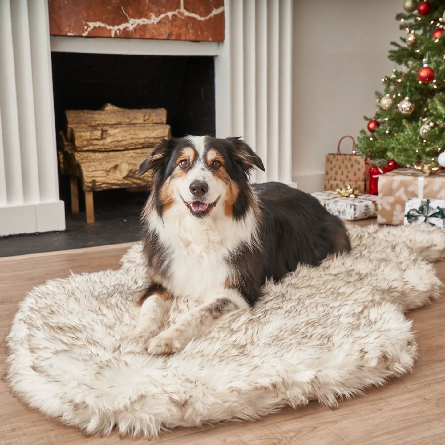 PupRug™ Faux Fur White With Brown Accents Orthopedic Dog Bed + FREE Red & Black Plaid Bed Cover