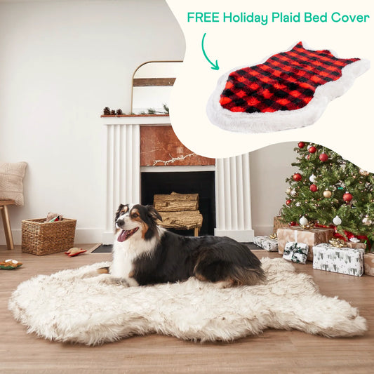 PupRug™ Faux Fur White With Brown Accents Orthopedic Dog Bed + FREE Red & Black Plaid Bed Cover