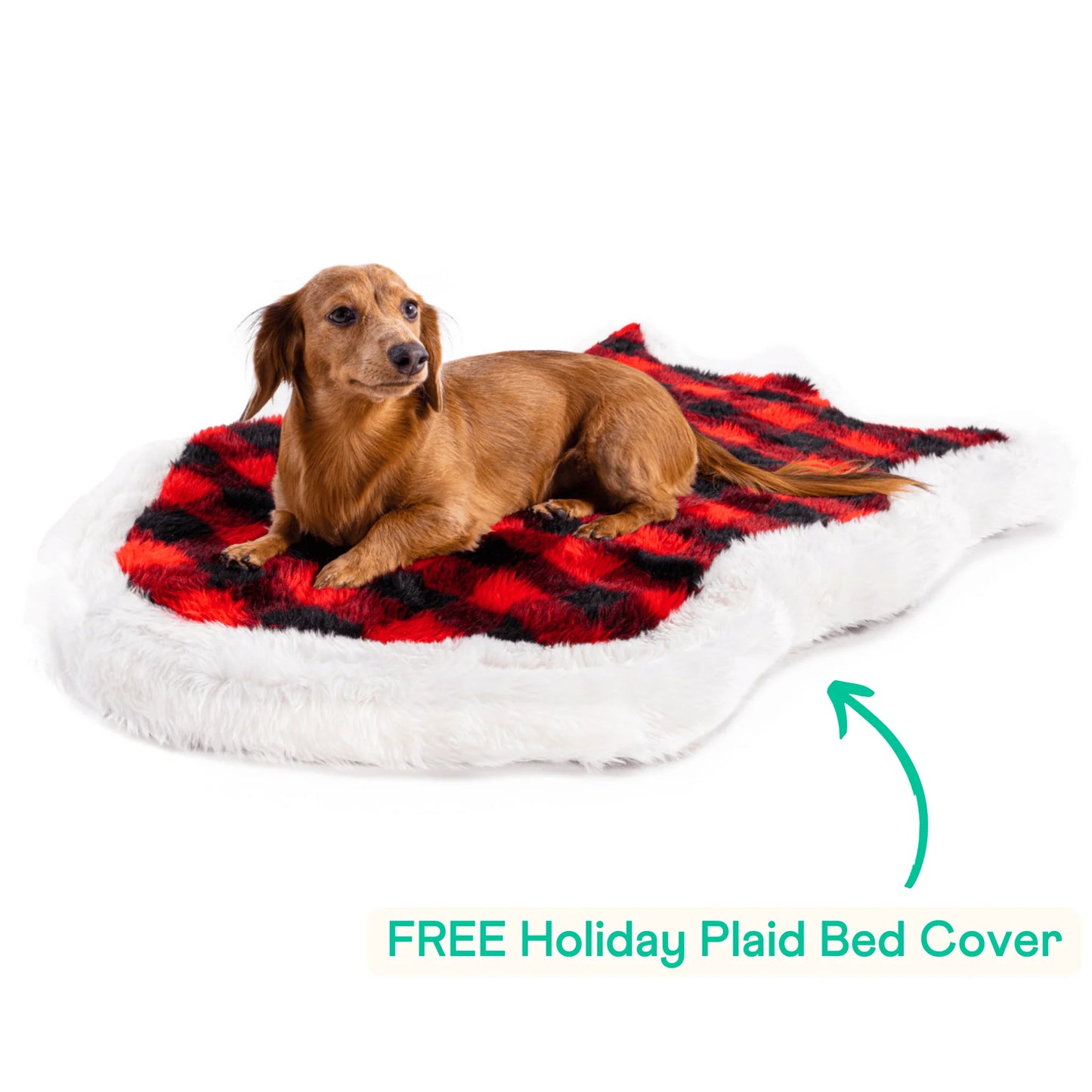 PupRug™ Faux Fur Sable Tan Orthopedic Dog Bed + FREE Red & Black Plaid Bed Cover
