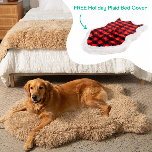 PupRug™ Luxe Faux Fur Tan Plush Sheep Orthopedic Dog Bed + FREE Red & Black Plaid Bed Cover