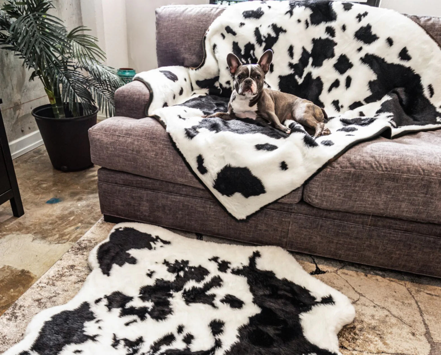 PupRug™ Memory Foam Bed + Matching Waterproof Blanket Bundle - Black Faux Cowhide