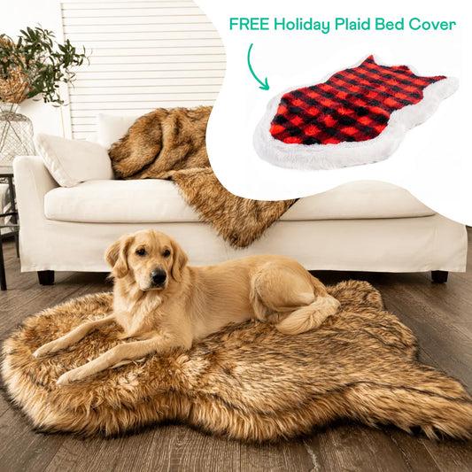 PupRug™ Faux Fur Sable Tan Orthopedic Dog Bed + FREE Red & Black Plaid Bed Cover