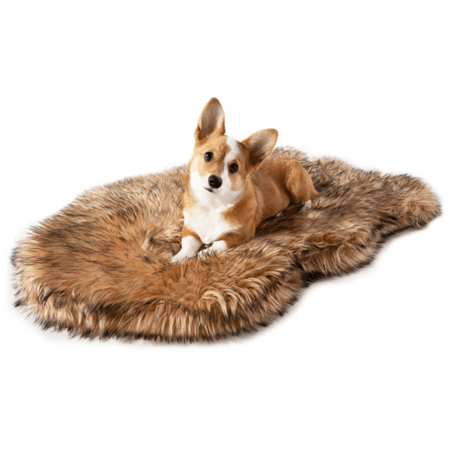 PupRug™ Faux Fur Sable Tan Orthopedic Dog Bed + FREE Red & Black Plaid Bed Cover