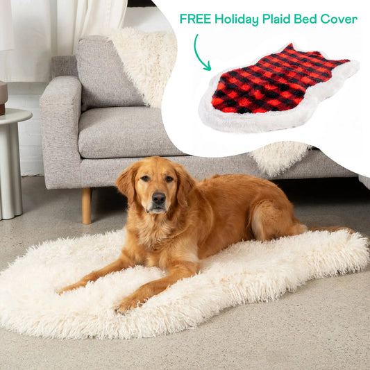 PupRug™ Luxe Faux Fur Ivory Plush Sheep Orthopedic Dog Bed + FREE Red & Black Plaid Bed Cover