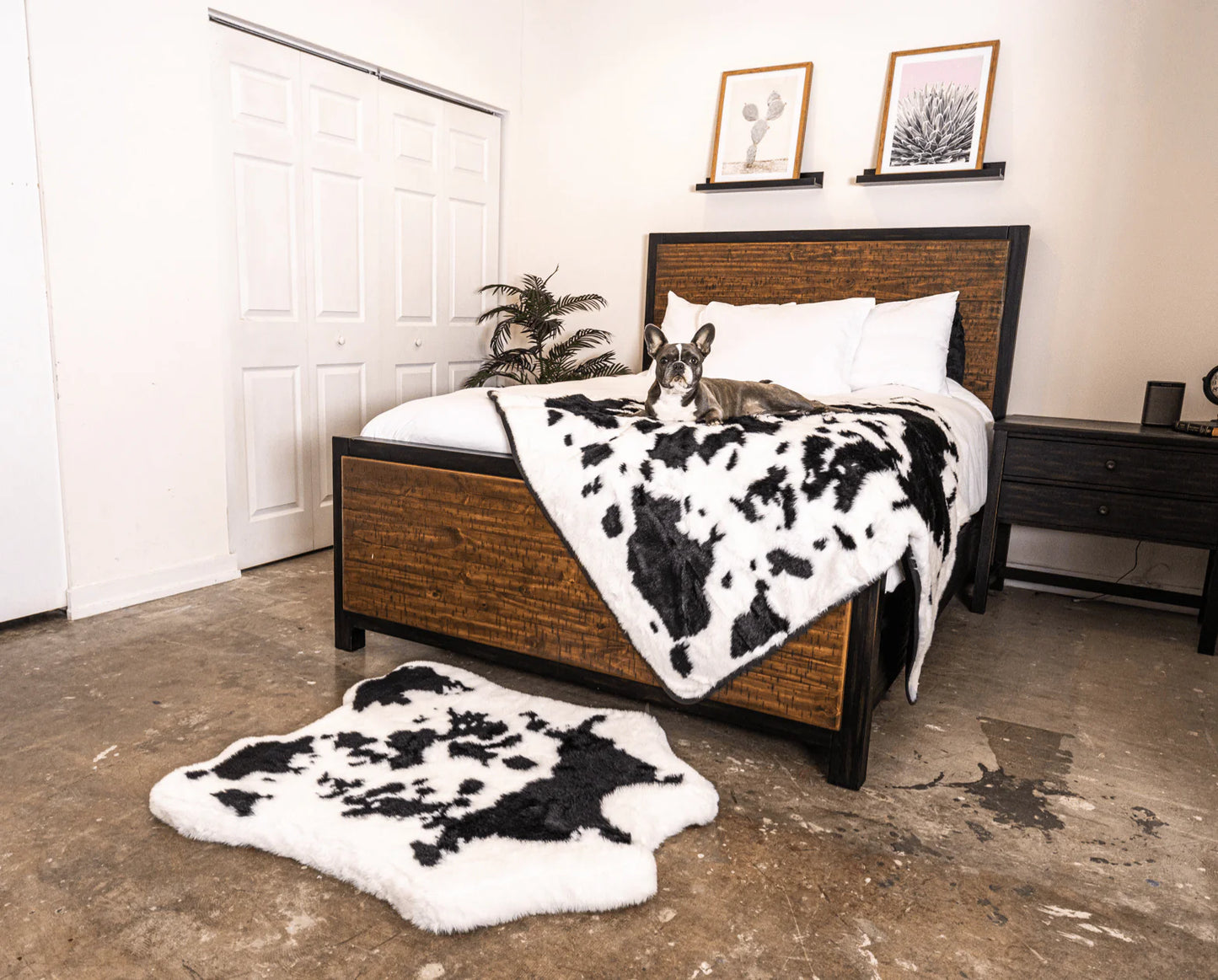 PupRug™ Junior Memory Foam Bed + Matching Waterproof Blanket Bundle - Black Faux Cowhide