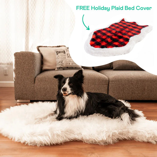 PupRug™ Faux Fur Polar White Orthopedic Dog Bed + FREE Red & Black Plaid Bed Cover