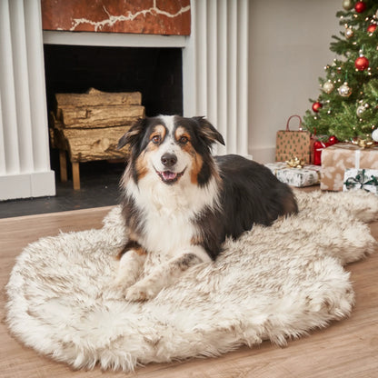 PupRug™ Faux Fur White With Brown Accents Orthopedic Dog Bed + FREE Red & Black Plaid Bed Cover