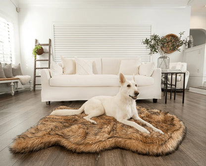 PupRug™ Faux Fur Sable Tan Orthopedic Dog Bed + FREE Red & Black Plaid Bed Cover
