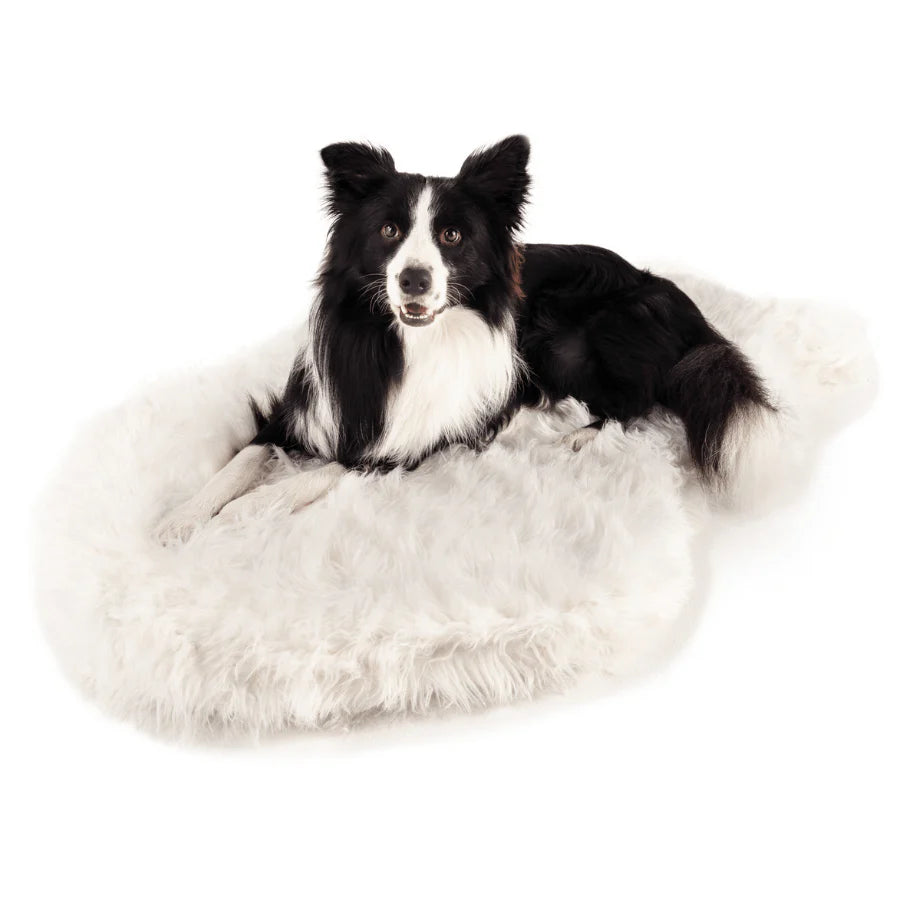 PupRug™ Faux Fur Polar White Orthopedic Dog Bed + FREE Red & Black Plaid Bed Cover