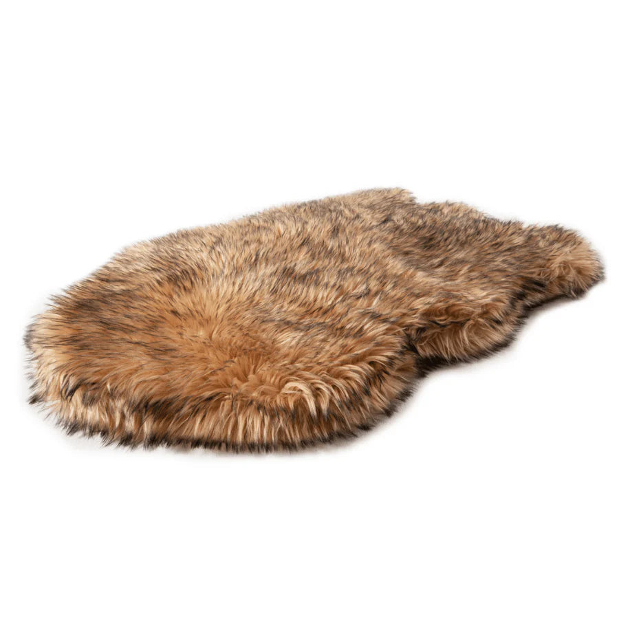 PupRug™ Faux Fur Sable Tan Orthopedic Dog Bed + FREE Red & Black Plaid Bed Cover