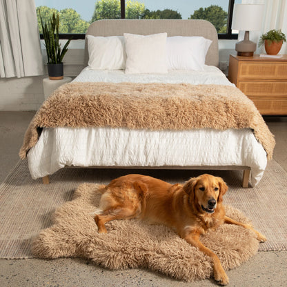 PupRug™ Luxe Faux Fur Tan Plush Sheep Orthopedic Dog Bed + FREE Red & Black Plaid Bed Cover