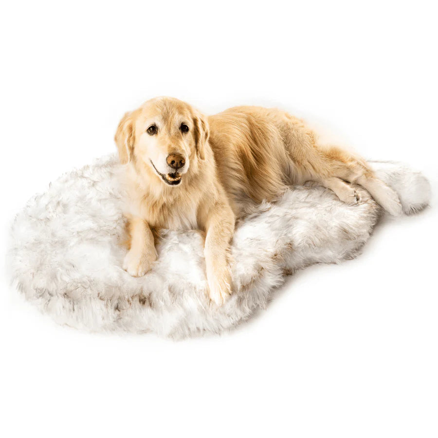 PupRug™ Faux Fur White With Brown Accents Orthopedic Dog Bed + FREE Red & Black Plaid Bed Cover